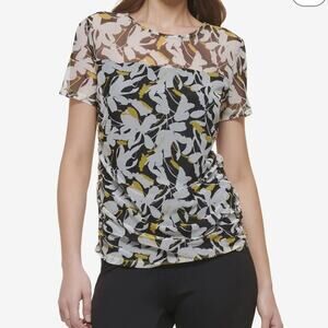 DKNY Short Sleeve Top Sheer Black Yellow Small NWT